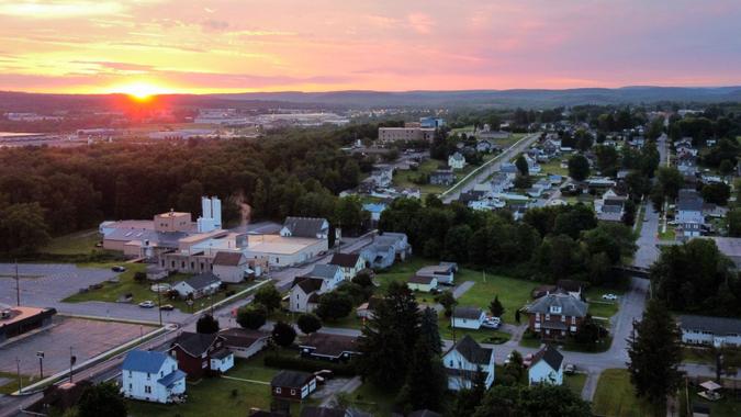 An aerial shot of the cityscape of DuBois City in Pennsylvania during the sunrise.