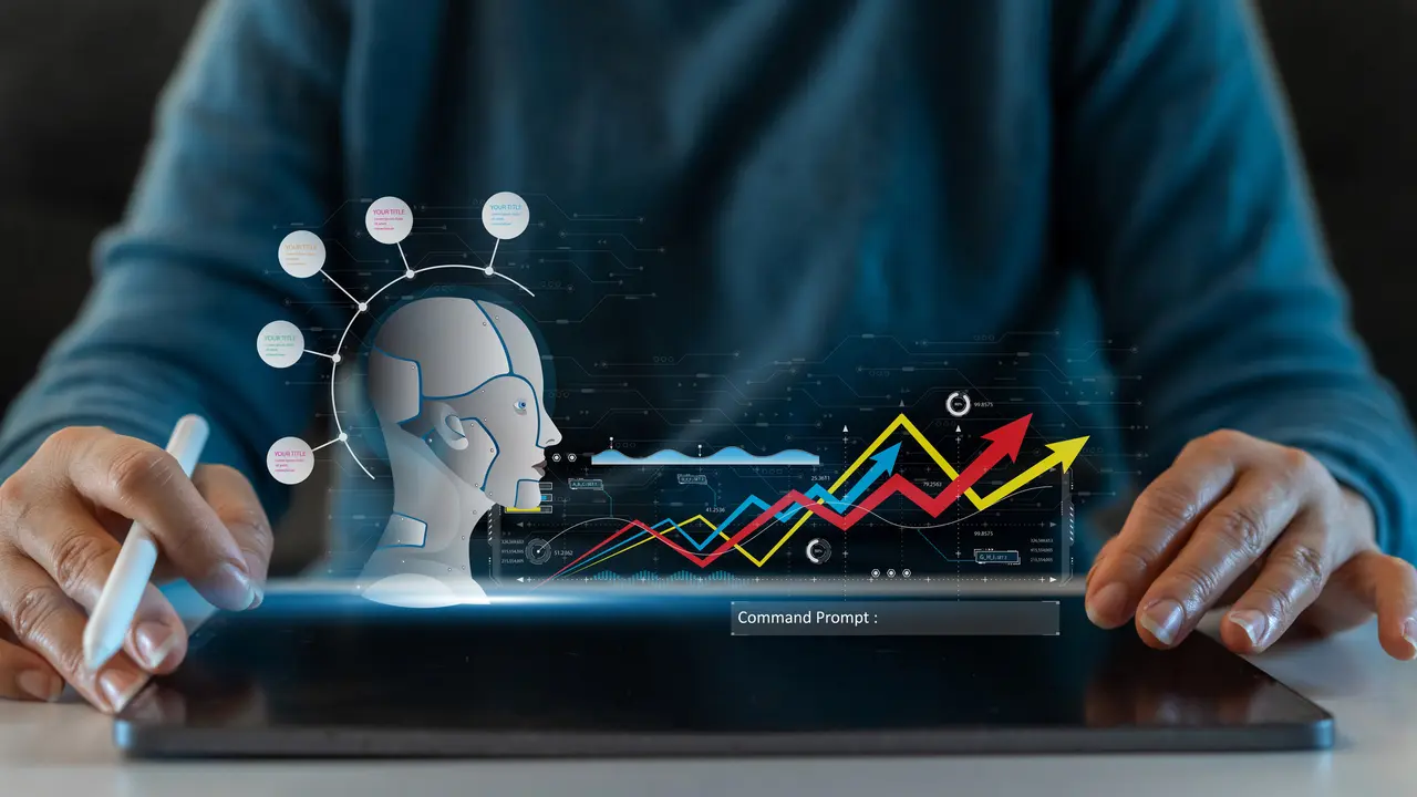 Business person uses a tablet with artificial intelligence.