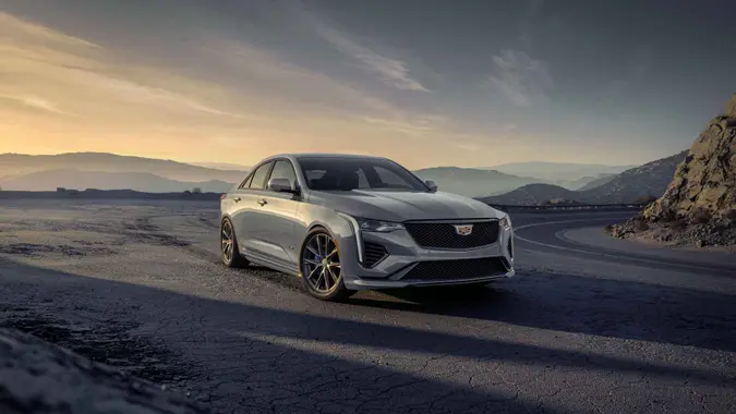 Front 7/8 view of the 2024 Cadillac CT4-V in Argent Silver Metallic.