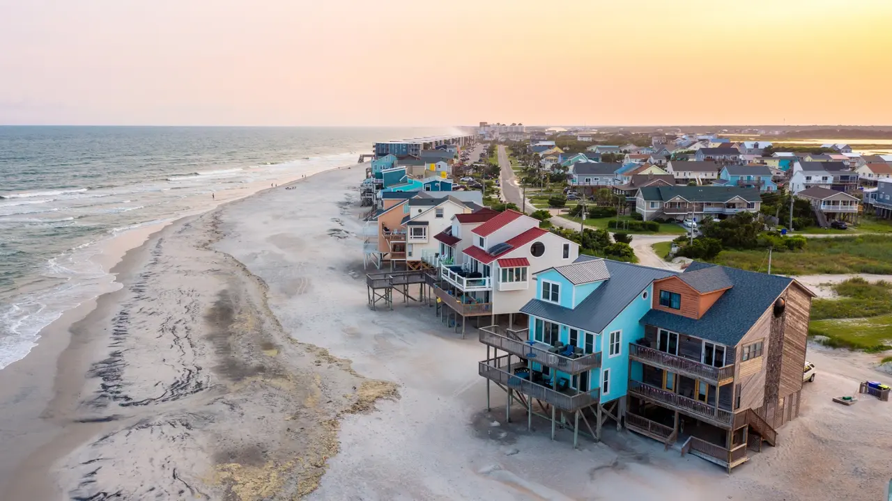 Aerial View of Beach Homes Looking Down the Coast on North Topsail Beach Island