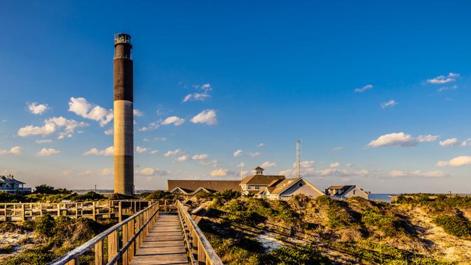 Monumental lighthouse in Oak Island stock photo