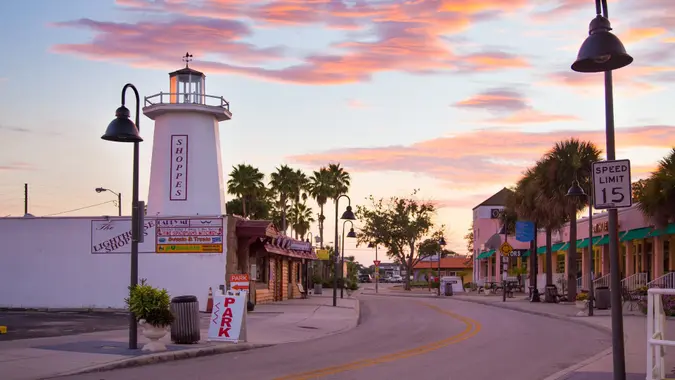 Tarpon Springs FLorida, featuring shops during sunset