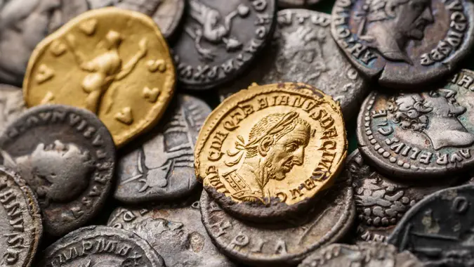 A treasure of Roman gold and silver coins.