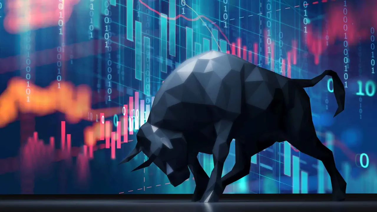 silhouette form of bull on financial stock market graph represent stock market rising or uptrend investment 3d illustration.