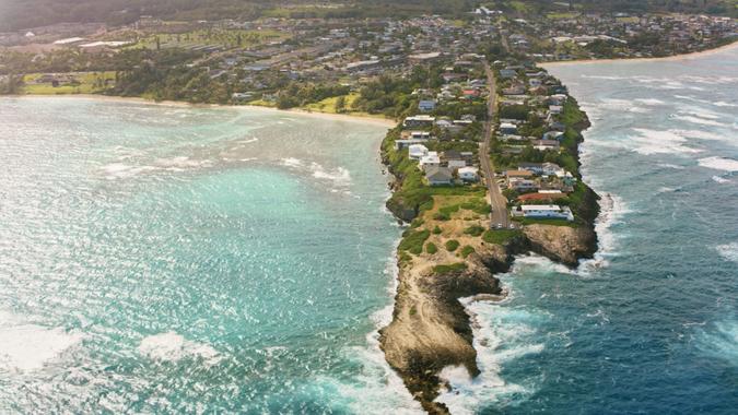 Aerial view of Laie Point on the island with pacific ocean, Oahu, Hawaii Islands, USA.