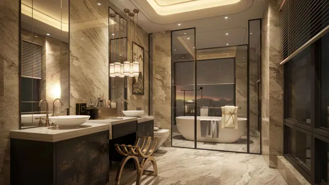 Digitally generated fancy and modern bathroom interior design.