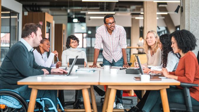 Open Concept Office, Where a Work Meeting is Being Held stock photo