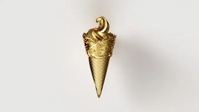 Gold Leaf Ice Cream with Gold Leaf Cone and Gold Icing with Gold Sprinkles 3d illustration 3d render