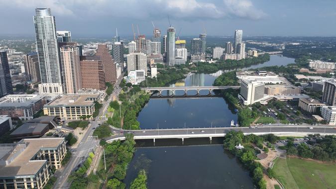 Aerial shots of downtown Austin, Tx stock photo