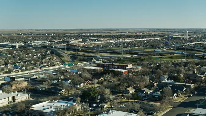 Drone shot of Amarillo, the largest city in Potter County in the Texas Panhandle on a cold and clear day in window.