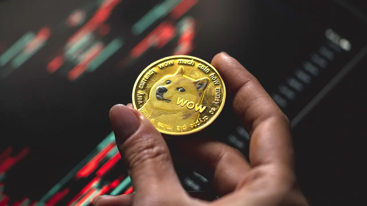 Hand holding a gold Dogecoin coin with candle stick graph chart and digital background stock photo