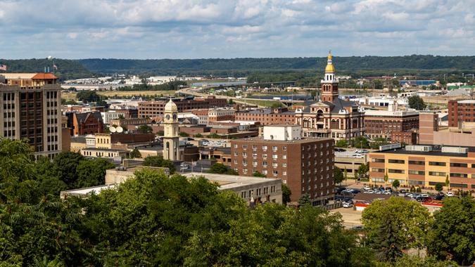 An aerial view of the city of Dubuque against a blue cloudy sky on a sunny day, Iowa, United States.