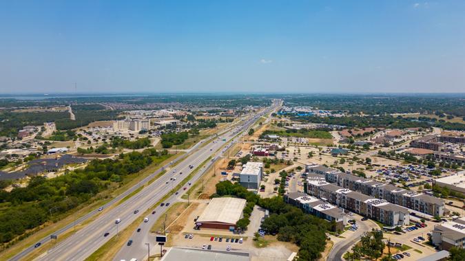 interstate 35 denton texas_iStock-1601215197 Aerial photo iInterstate 35 Denton Texas stock photo