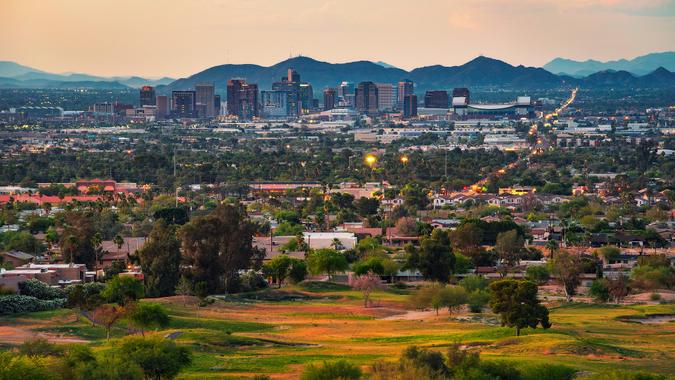 Phoenix Arizona skyline at sunset stock photo