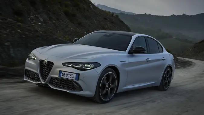 2024 Alfa Romeo Giulia Competizione front dynamic in Moonlight Gray Matte (European spec shown)