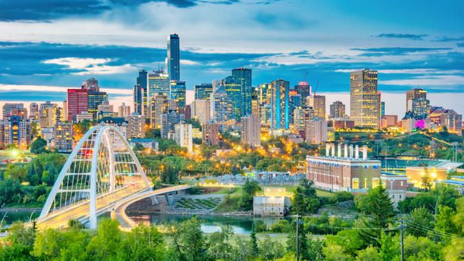 Skyline of downtown Edmonton Alberta Canada at twilight blue hour.