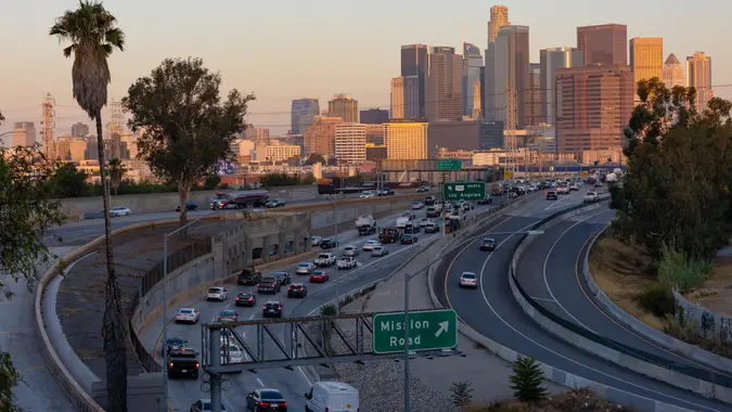 Morning commute into Los Angeles at sunrise stock photo