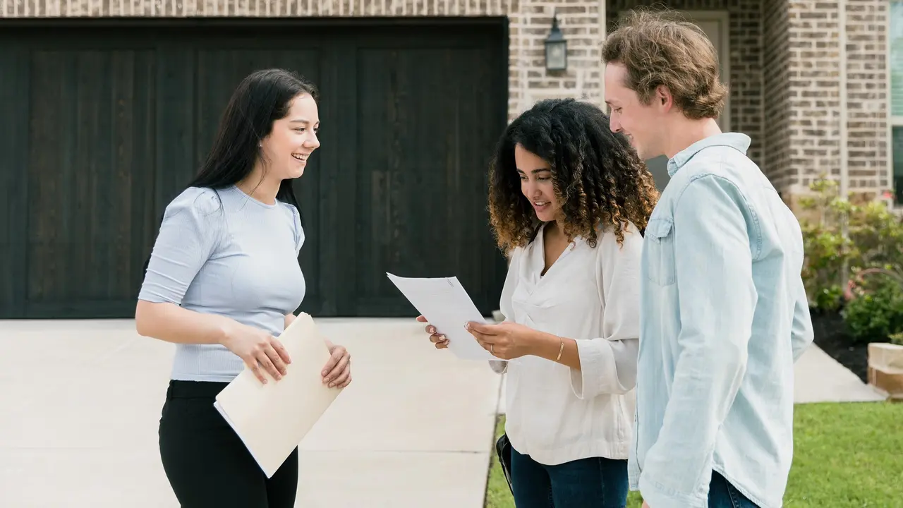 Real estate agent gives couple listing of house features stock photo