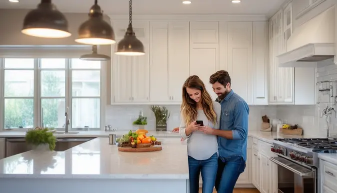 A couple in their mid-30s is seen in a beautifully renovated modern kitchen with smart lighting installed. The kitchen features sleek white cabinets, granite countertops, and stainless steel appliances. The woman is standing by the kitchen island, admiring the lighting controls on her smartphone, while the man is leaning against the counter, looking pleased with the upgrades. The shot is taken from a slightly high angle with a wide-angle lens to capture the spacious and airy feel of the kitchen. This scene is located in a trendy urban neighborhood, showcasing the appeal of smart home upgrades to potential buyers.