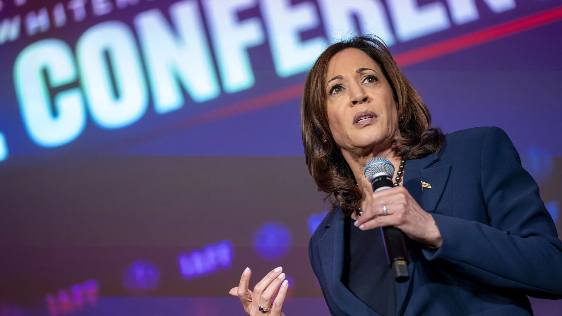 Vice President Kamala Harris speaks at the International Association of Fire Fighters Legislative Conference at the Hyatt Regency Capitol Hill in Washington, DC on Monday, March 4, 2024.