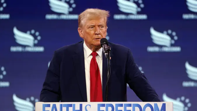 Former US President Donald Trump speaks at the Faith & Freedom Coalition's 2024 Road to Majority Conference, Washington DC, USA, 22 June 2024.