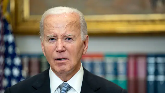 United States President Joe Biden delivers remarks after former US President Donald Trump was injured following a shooting at a July 13 election rally in Pennsylvania in the Roosevelt Room of the White House in Washington, DC.
