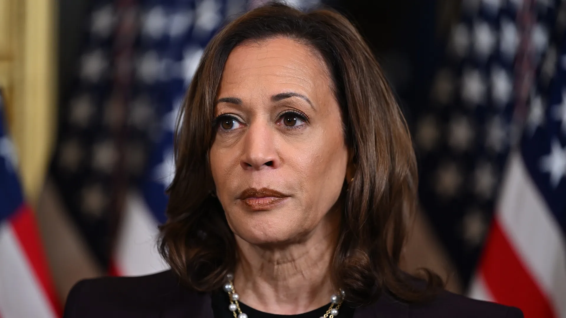 United States Vice President Kamala Harris makes a statement to the media following her meeting with Prime Minister Benjamin Netanyhu of Israel in the Vice President’s Ceremonial Office in the Eisenhower Executive Office Building on the White House Campus in Washington, DC.