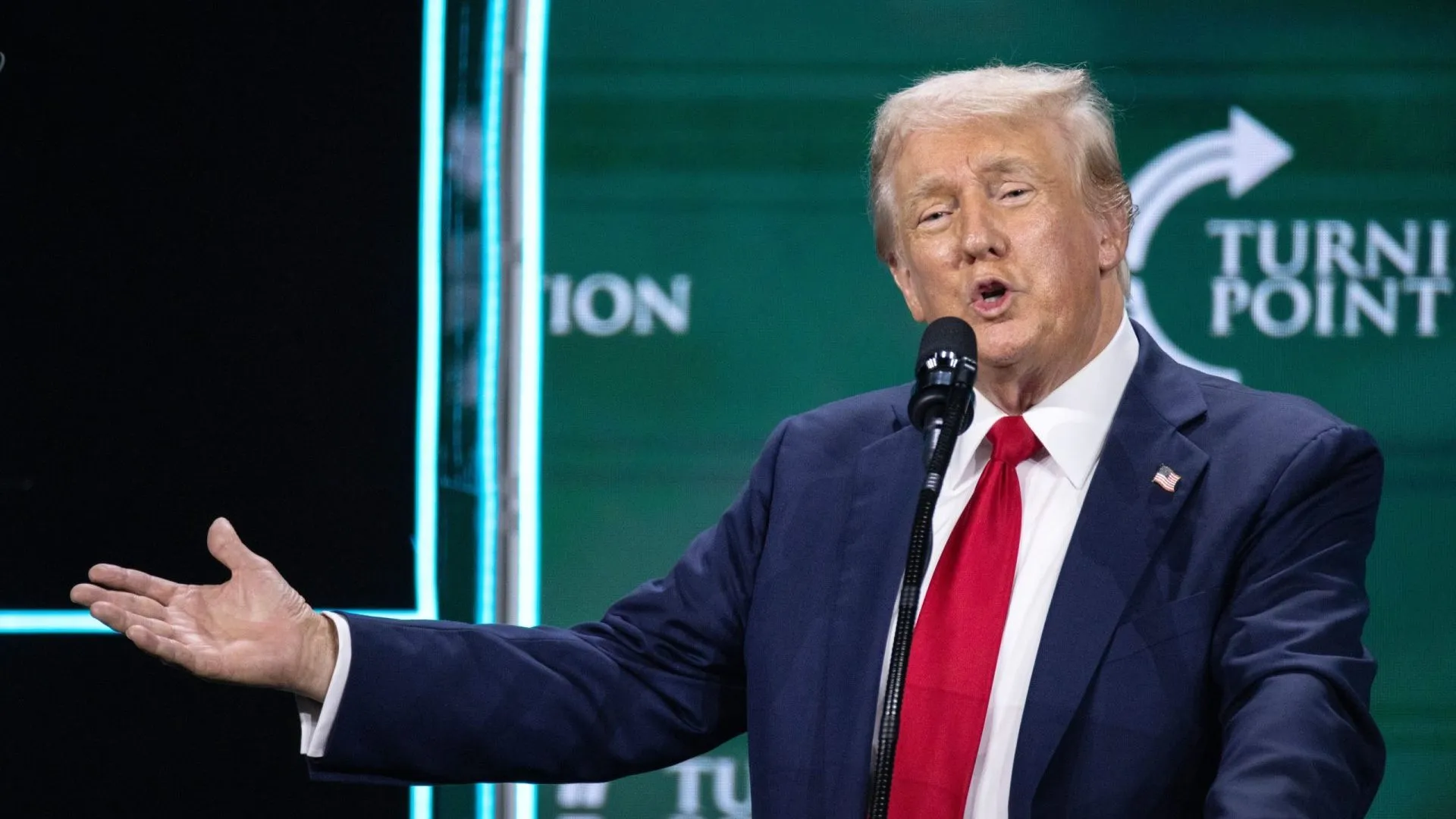 Former US President Donald Trump delivers remarks during Turning Point Action's 'Believers Summit' in West Palm Beach, Florida, USA, 26 July 2024.