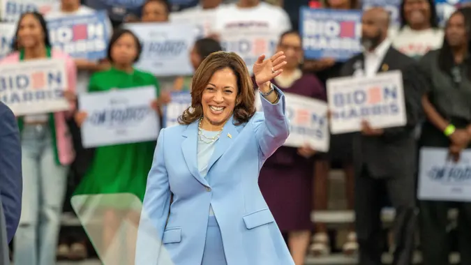 Vice President Of The United States, KAMALA HARRIS, waves to supporters at Girard College during a campaign event to appeal to Black Voters For Biden/Harris 2024 .