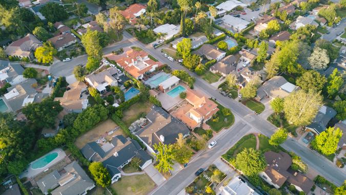 Aerial view of suburban houses.