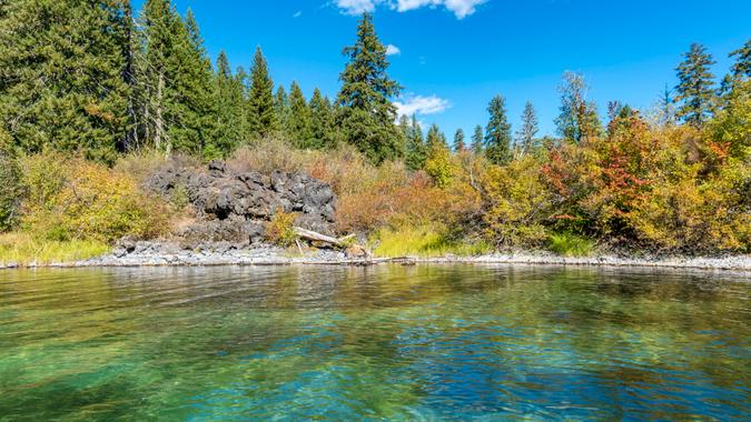 Beautiful clear water and shore line with evergreen trees, colorful broad leaf bushes and lava rock.
