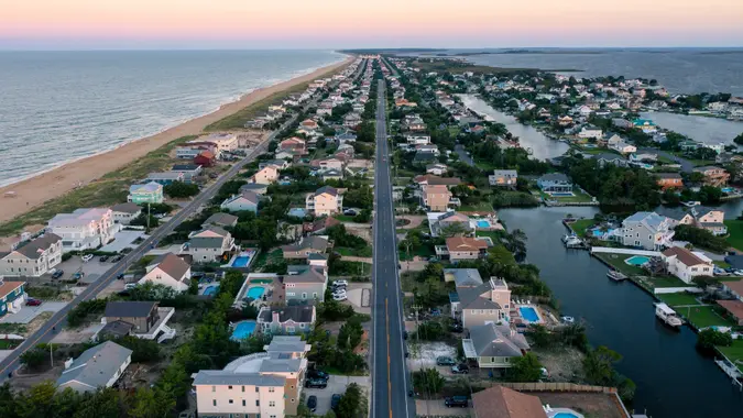 Aerial View looking south of the Sandbridge area of Virginia Beach at Sunset stock photo