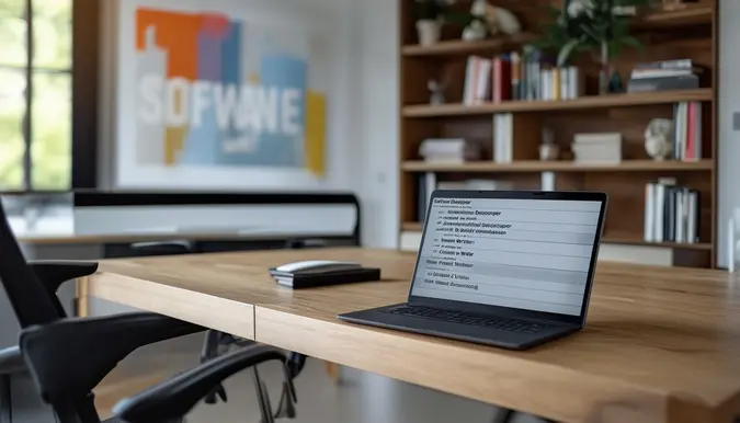 The photo features a modern home office setup with a sleek desk, ergonomic chair, and a laptop displaying various job titles such as Software Developer, Content Writer, and Virtual Assistant. In the background, there is a bookshelf filled with professional development books and a motivational wall art. The camera angle is slightly elevated, capturing the organized workspace with a depth of field effect. The scene conveys a sense of productivity and inspiration for individuals seeking remote job opportunities.