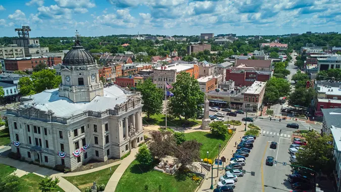 Image of Bloomington Indiana downtown The Square with courthouse aerial.