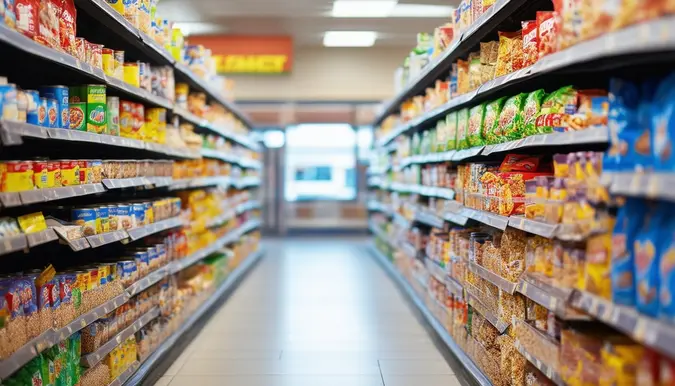 The photo shows a grocery store aisle filled with various store brand products such as cereal, canned goods, and cleaning supplies. The shelves are neatly organized and well-stocked, with colorful packaging catching the eye. The shot is taken from a low angle, highlighting the abundance of options available for budget-friendly shopping. The background is filled with aisles of similar products, creating a sense of endless possibilities for saving money by choosing store brands.
