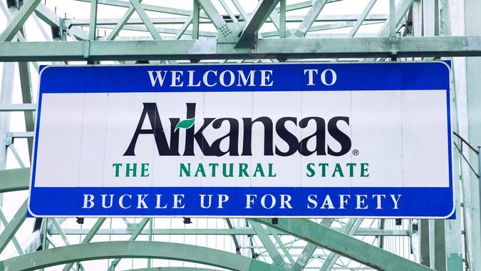 Memphis, Tennessee/USA - July 01, 2015: Welcome to Arkansas highway sign on I-40 between Tennessee and Arkansas.