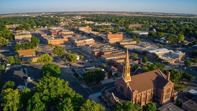 Aerial View of Downtown Marshall, Minnesota at dusk.