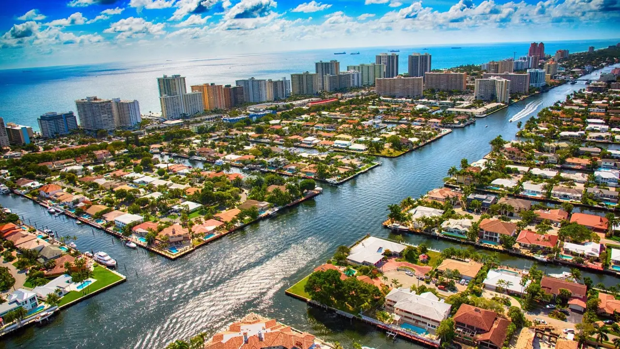 The Intracoastal Waterway as it bisects a residential neighborhood in the Pompano Beach area of South Florida just north of Fort Lauderdale.