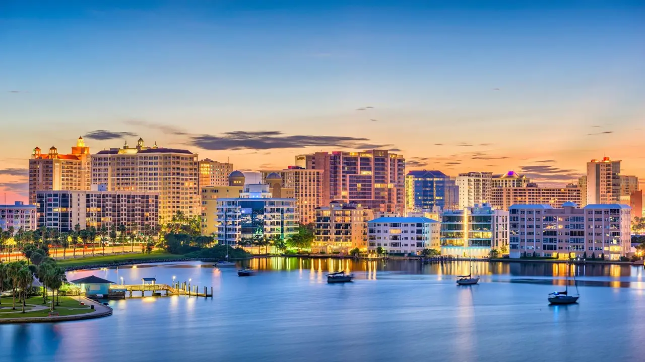 Sarasota, Florida, USA skyline on the bay at dawn.