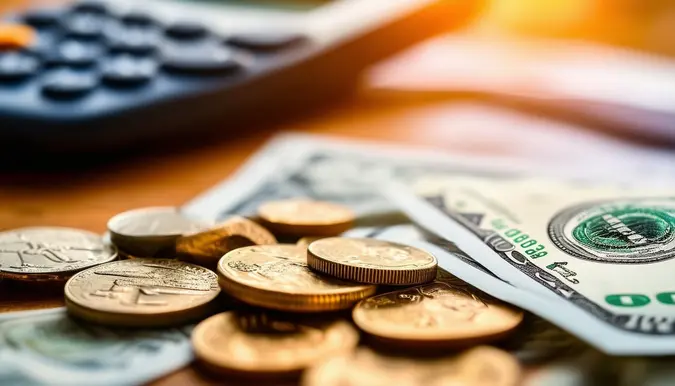 Pile of paper USD money and Golden coins scattered around a wooden table next to a calculator