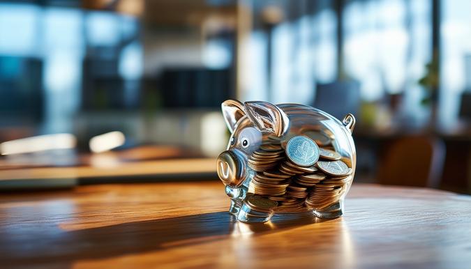 The photo shows a close-up shot of a transparent glass piggy bank resting on a wooden desk in a dimly lit room. The shiny coins are visible through the glass, symbolizing savings and financial stability. The scene conveys a sense of security and preparedness for unforeseen emergencies. The shot is taken from a low angle using a wide-angle lens to emphasize the piggy bank's significance on the desk.