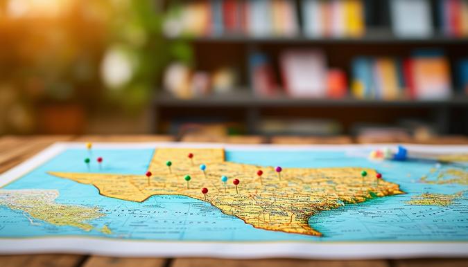 The photo is a close-up shot of a vibrant green paper map of Texas spread out on a rustic wooden table. The map is filled with colorful markers and pins, indicating different cities and regions within the state. The camera lens used is a wide-angle lens, capturing the intricate details of the map and showcasing the diverse geographical features of Texas. The angle of the shot is slightly tilted to give a dynamic perspective to the photo. The background features a blurred out bookshelf with travel guides and brochures, adding to the overall theme of exploring and planning a budget-friendly retirement in Texas.