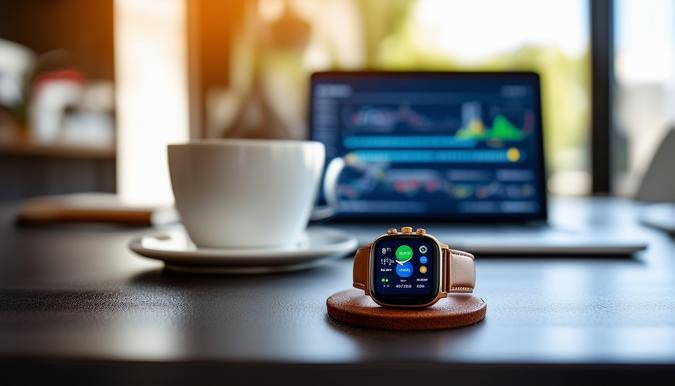 The photo shows a close-up shot of a smartwatch screen displaying a mobile banking app. The background is a modern, clean office desk with a sleek laptop and a cup of coffee nearby. The smartwatch is resting on a stylish leather coaster, adding a touch of sophistication to the image. The camera lens used is a macro lens, capturing the details on the screen of the smartwatch. The angle of the shot is slightly tilted to give a dynamic and engaging perspective.