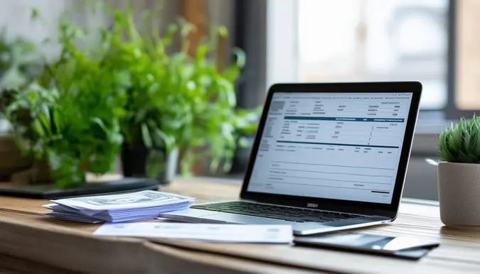 The photo shows a bright and organized home office space with a sleek desk, a laptop, and a stack of bills neatly arranged on top. There is a modern bank statement visible on the laptop screen, displaying account balances and payment due dates. A vibrant green plant sits in the corner, adding a touch of life to the space. The camera angle is slightly elevated, capturing the clean lines and minimalist design of the room. The photo is taken with a wide-angle lens to show the entire workspace.