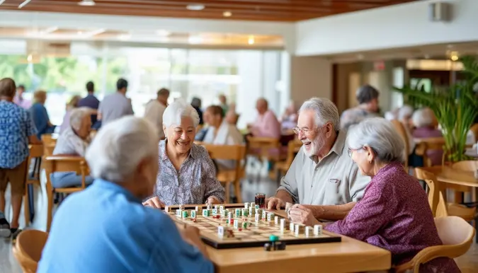 The photo shows a bustling senior community center, with a group of retirees engaged in various social activities. The center is bright and vibrant, filled with lively conversations and laughter. In the background, there are different areas for playing mahjong, walking groups, volunteering, and gardening. The shot is taken from a moderate wide-angle lens to capture the sense of community and connection among the retirees.