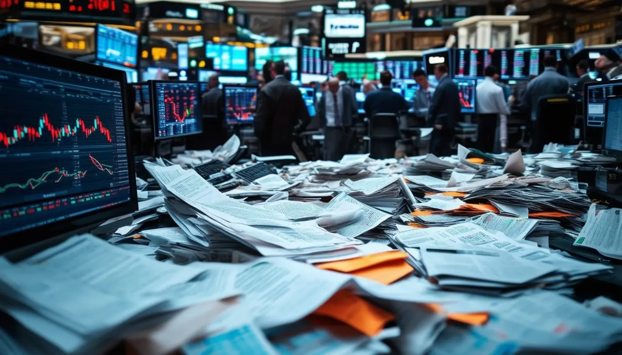 The photo shows a chaotic scene on a trading floor of a stock exchange. Papers are scattered everywhere, and multiple computer screens are displaying graphs and stock prices, some in red indicating losses. The room is filled with tension and uncertainty, capturing the unpredictable nature of meme stocks mentioned in the article. The camera angle is slightly elevated, capturing the bustling activity of traders reacting to the market movements. The shot is taken with a wide-angle lens to encompass the entire scene of frenzied trading.