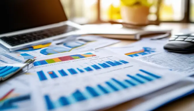 The photo captures a diverse range of investment options on a sleek, modern desk. Stocks, bonds, and alternative investments are neatly organized and displayed, symbolizing the importance of diversifying one's investment portfolio. The camera angle is slightly elevated, showcasing the various investment opportunities available to help build and preserve wealth over time. The background is a clean, professional workspace, emphasizing the importance of strategic financial planning in a well-organized environment. The shot is taken with a wide-angle lens to capture the full breadth of investment choices laid out on the desk.