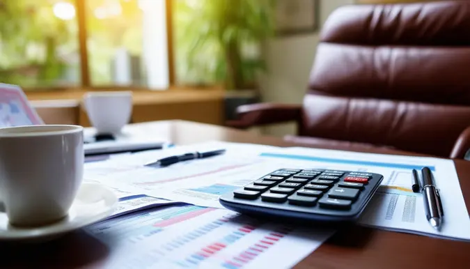 The photo is a close-up shot of a well-organized and neatly arranged desk with various financial planning tools such as a calculator, budgeting spreadsheets, pens, and a cup of coffee. The desk is made of dark wood with a leather chair pulled up to it, creating a professional and focused atmosphere. The camera lens is a wide-angle lens capturing the entire desk and its details from a slightly elevated angle.