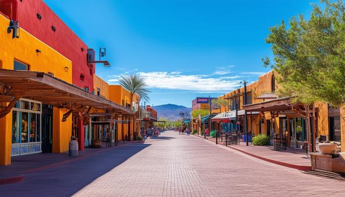 The photo shows a vibrant and bustling street in Arizona, showcasing a mix of modern buildings and traditional Southwestern architecture. The scene captures the essence of a dynamic urban area, with colorful signage and bustling activity. The shot is taken with a wide-angle lens, capturing the energy and diversity of the cityscape.