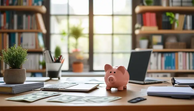 The photo features a neatly organized desk in a home office setting. The desk is clutter-free with a laptop, a stack of bills, and a small plant in a pot. A piggy bank is placed prominently on the desk, symbolizing the importance of saving money. The background shows shelves filled with books and a window letting in natural light. The camera angle is from a slightly elevated position, capturing the entire desk and the surrounding office space. The photo was taken with a wide-angle lens to show the details of the desk and the room.